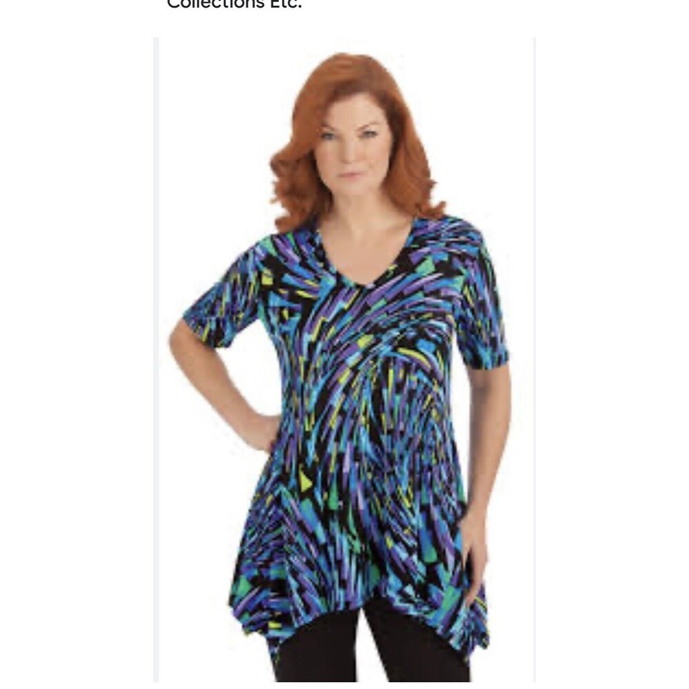 VTG Blue Tunic Top Print Asymmetrical Short Sleeve V-neck XXL Liquid Knit